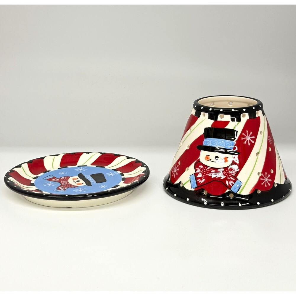 Temptations Winter Whimsy Snowman Ceramic Jar Candle Shade Topper Plate Set